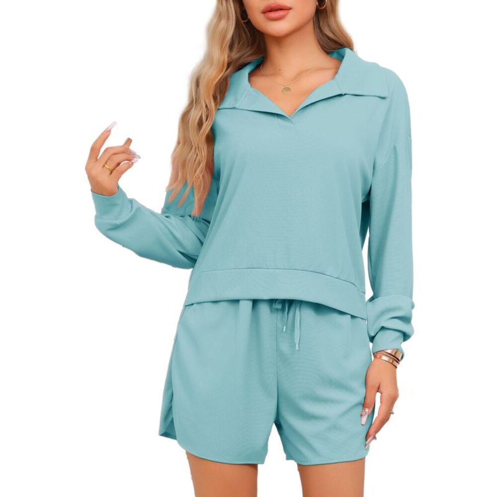 Waffle Knit Top and Shorts Long Sleeve Pajama Set with Pockets Green